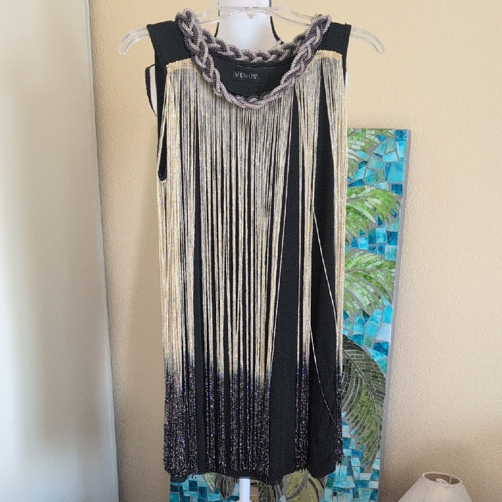 VENUS Black and Gold Fringe Dress